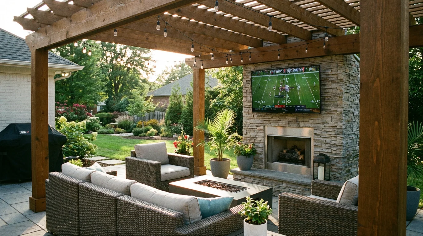 Outdoor TV mounted under a covered pergola patio, screen clearly visible in ambient daylight