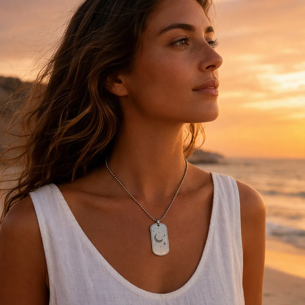 Celestial dog tag necklace at beach sunset