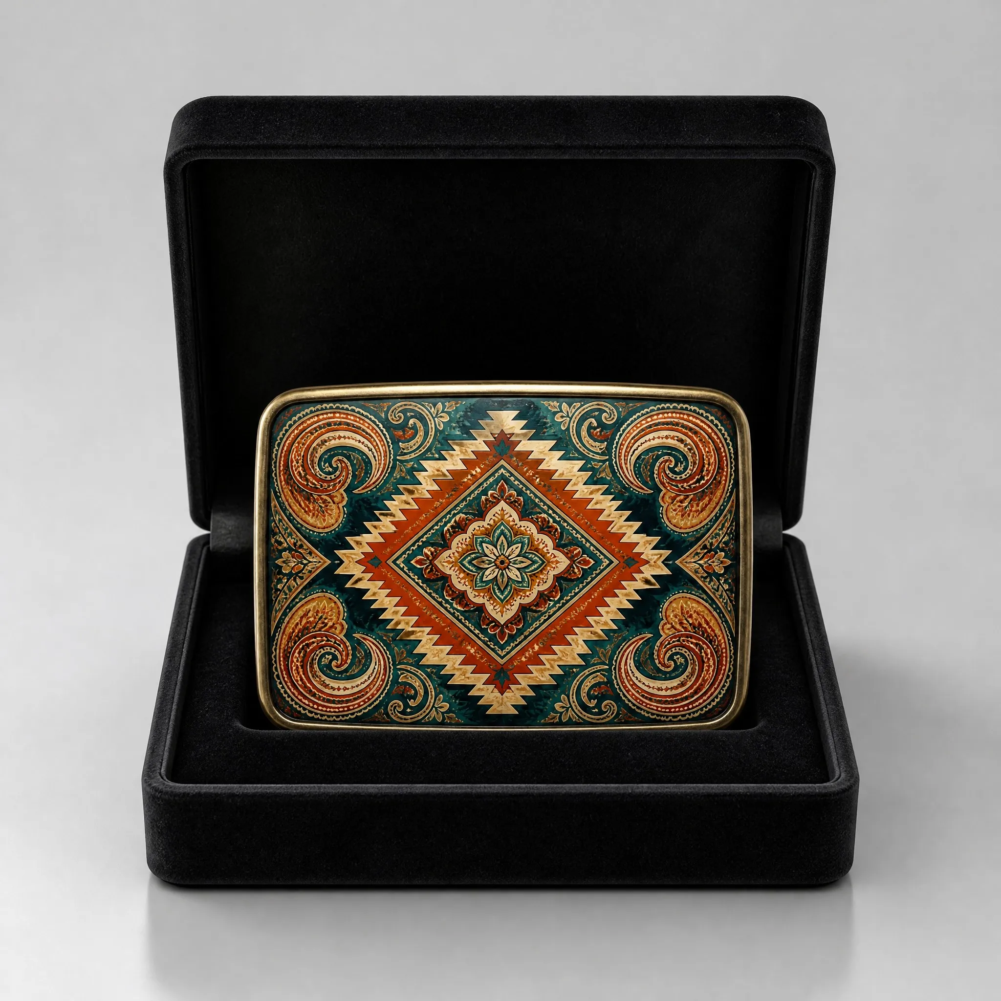 UV print belt buckle in velvet gift box packaging