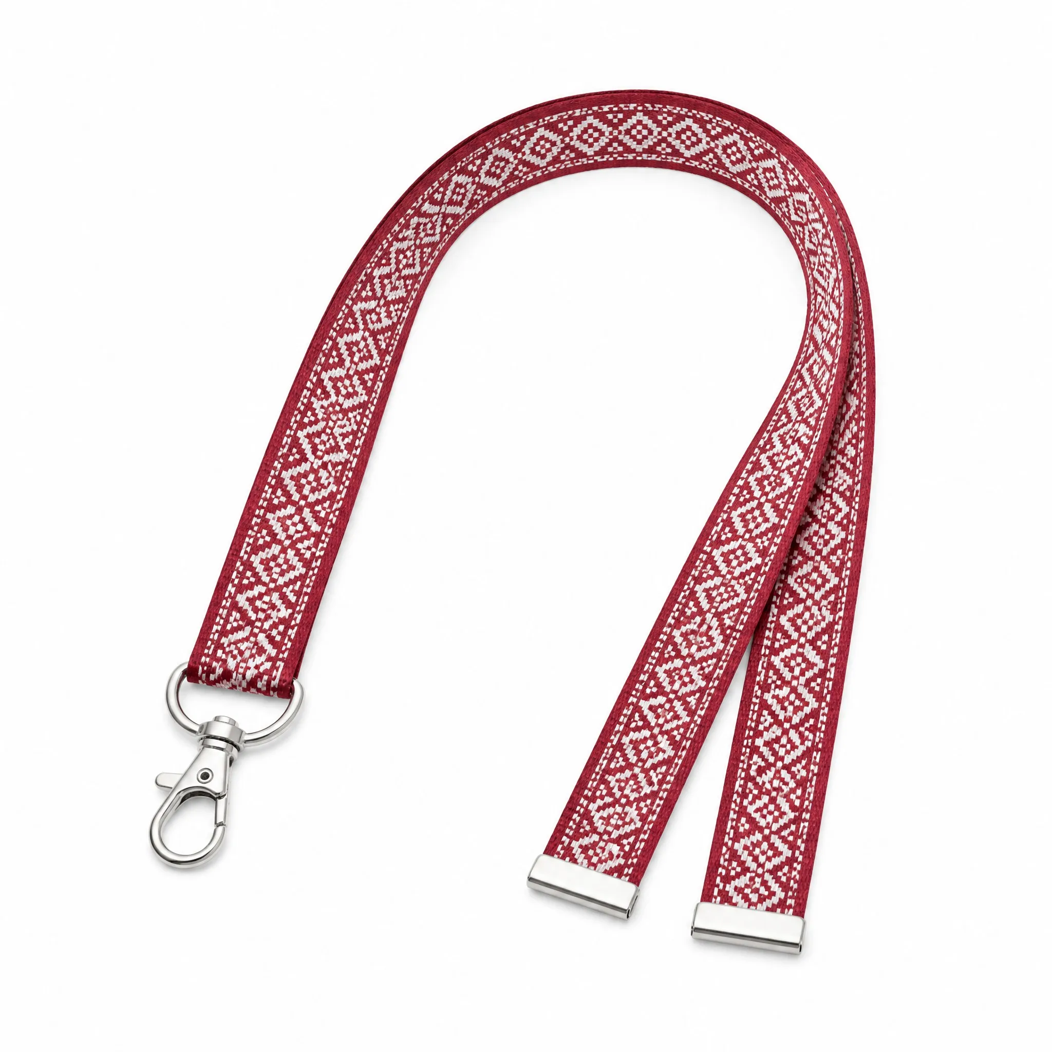 Custom woven dobby lanyard with metal swivel clip on pure white background