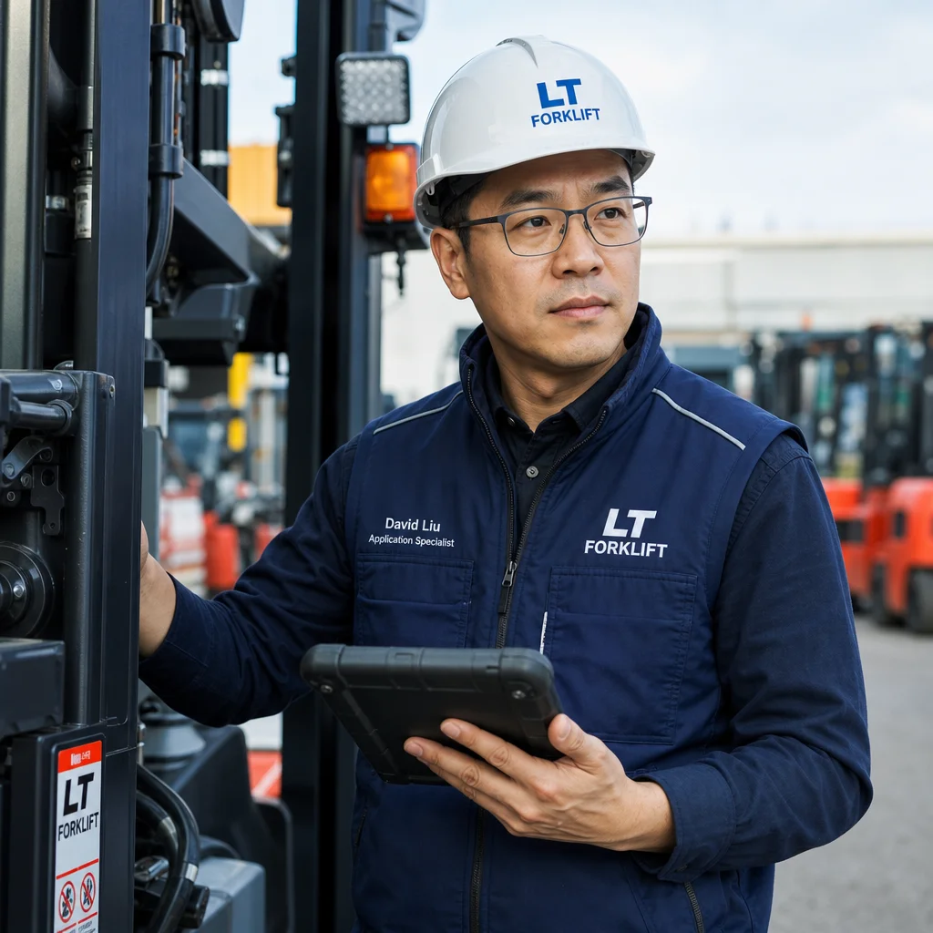 David Liu, Product Solutions and Applications Specialist at LT FORKLIFT, inspecting equipment