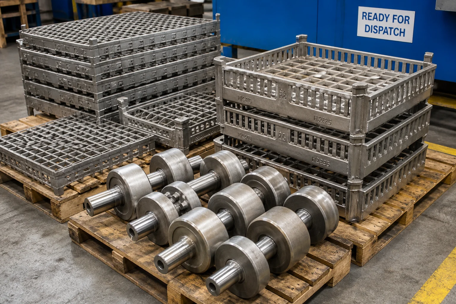 Static investment cast heat-treatment furnace charge baskets and hearth rollers
