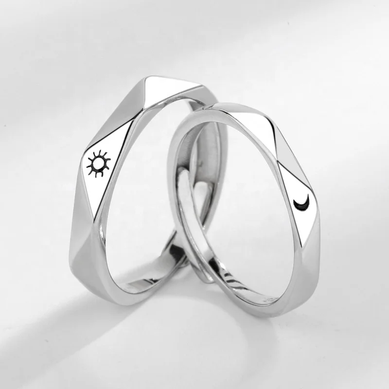 JQ43 925 Sterling Silver Jewelry Adjustable Lovers Sun Moon Ring for Girlfriend Boyfriend Sun Moon Couple Rings 2022