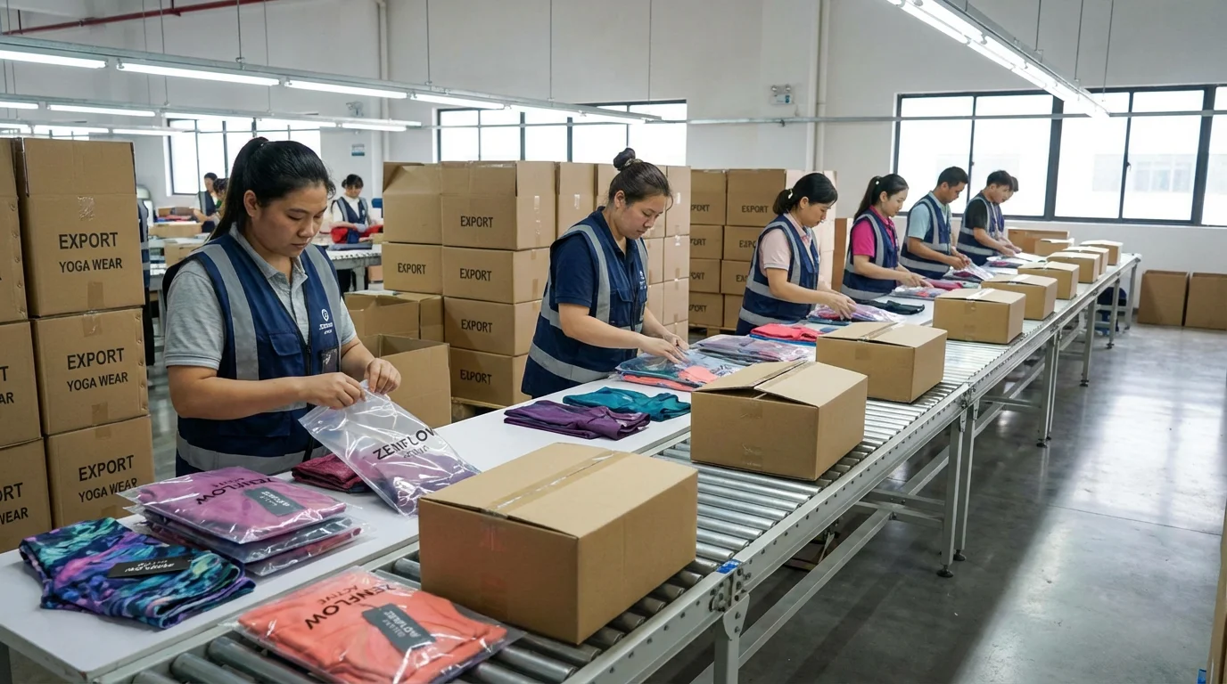 Packaging area workers folding and packing finished activewear for export