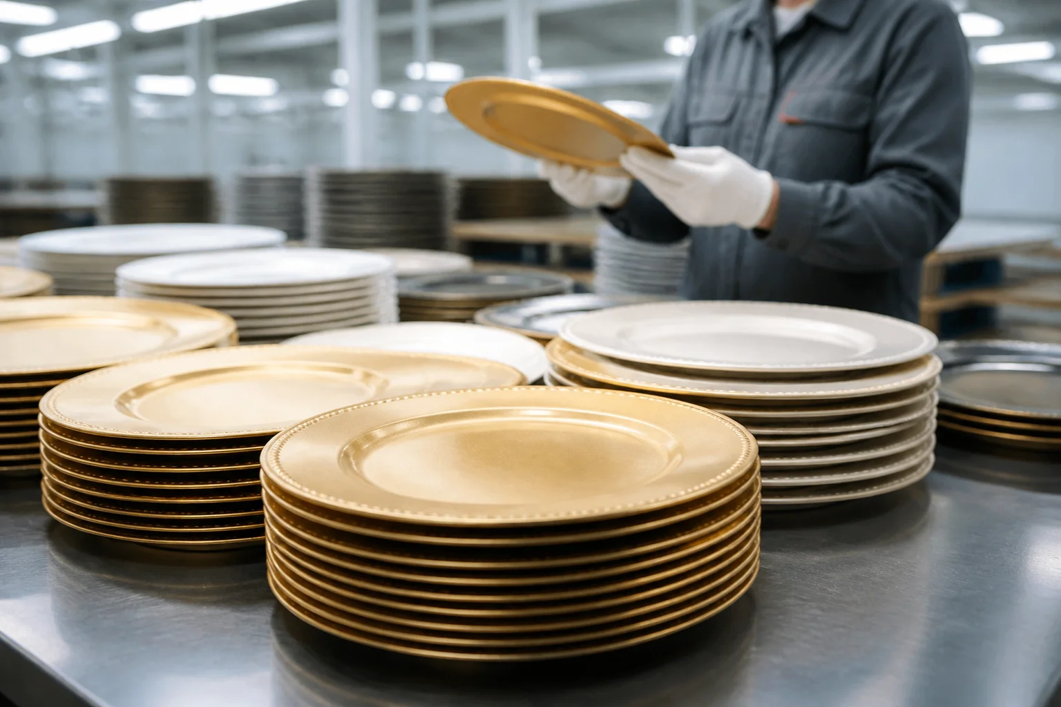 Factory quality inspection of gold charger plates in a verified manufacturing facility