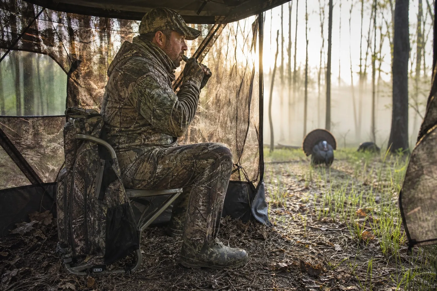 info-1-1 Turkey hunter sitting low on an integrated chair pack in a camouflage blind calling with a turkey call