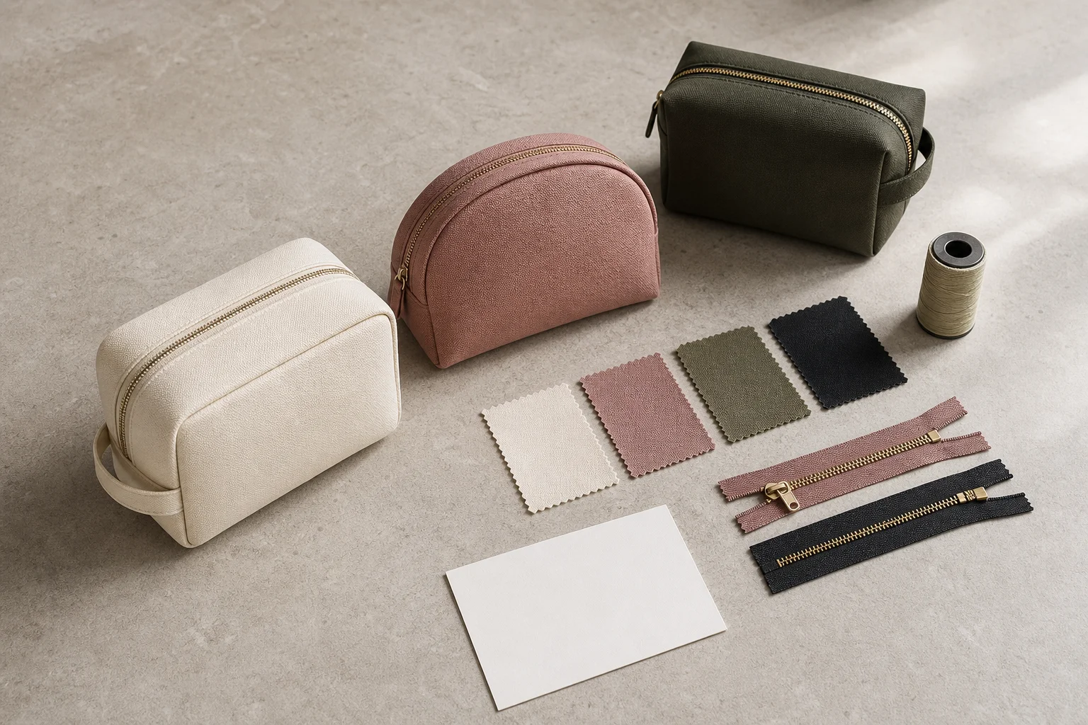 Unbranded cosmetic bag prototypes, fabric swatches and zipper samples arranged for sample approval