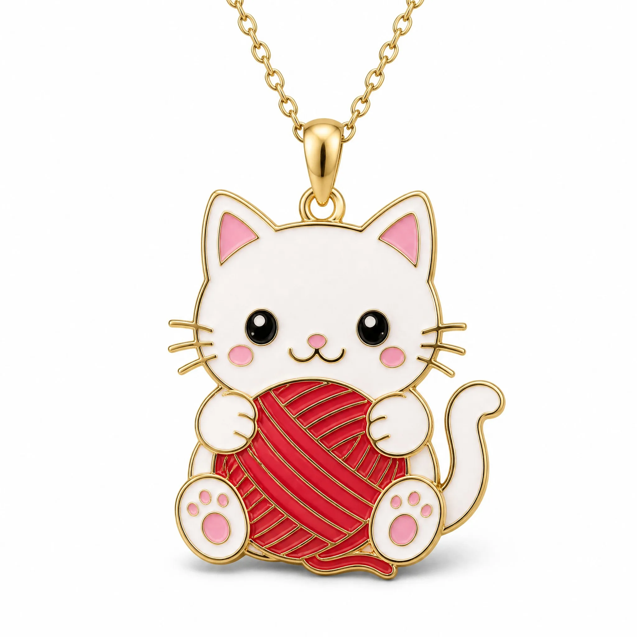 Custom soft enamel cat pendant necklace white cat with red yarn ball on white background