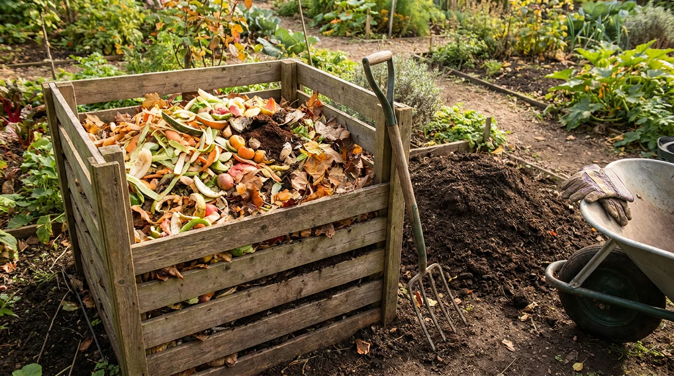 Wooden compost bin with food scraps and rich finished compost