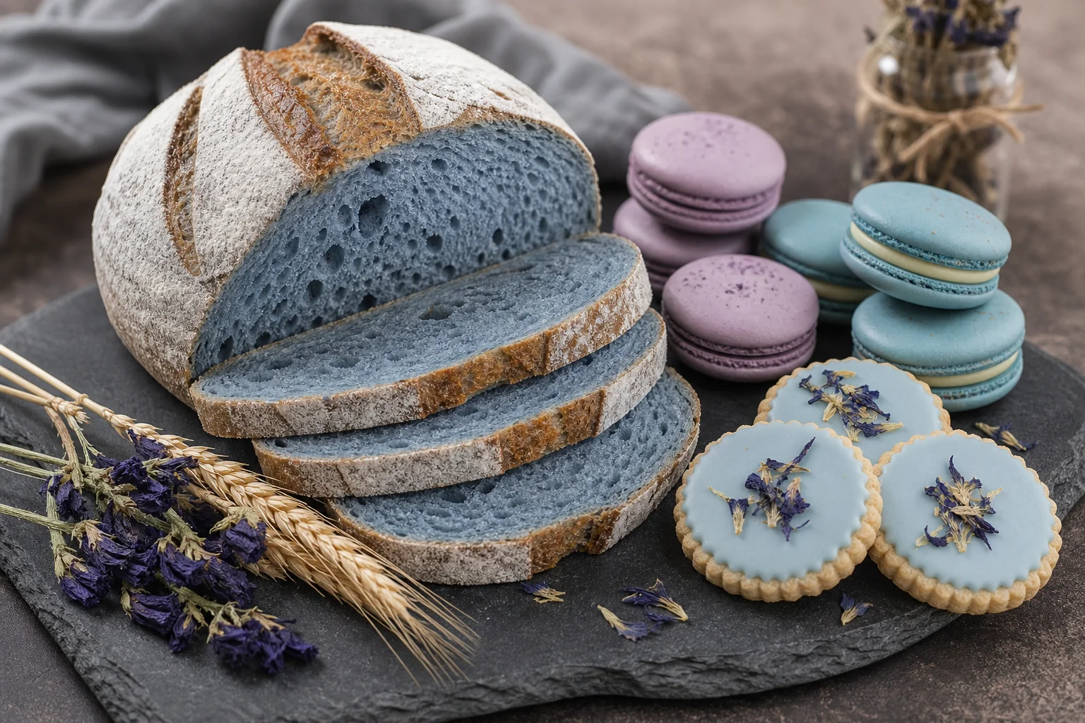 Butterfly pea flower natural blue baked macarons, bread and pastries