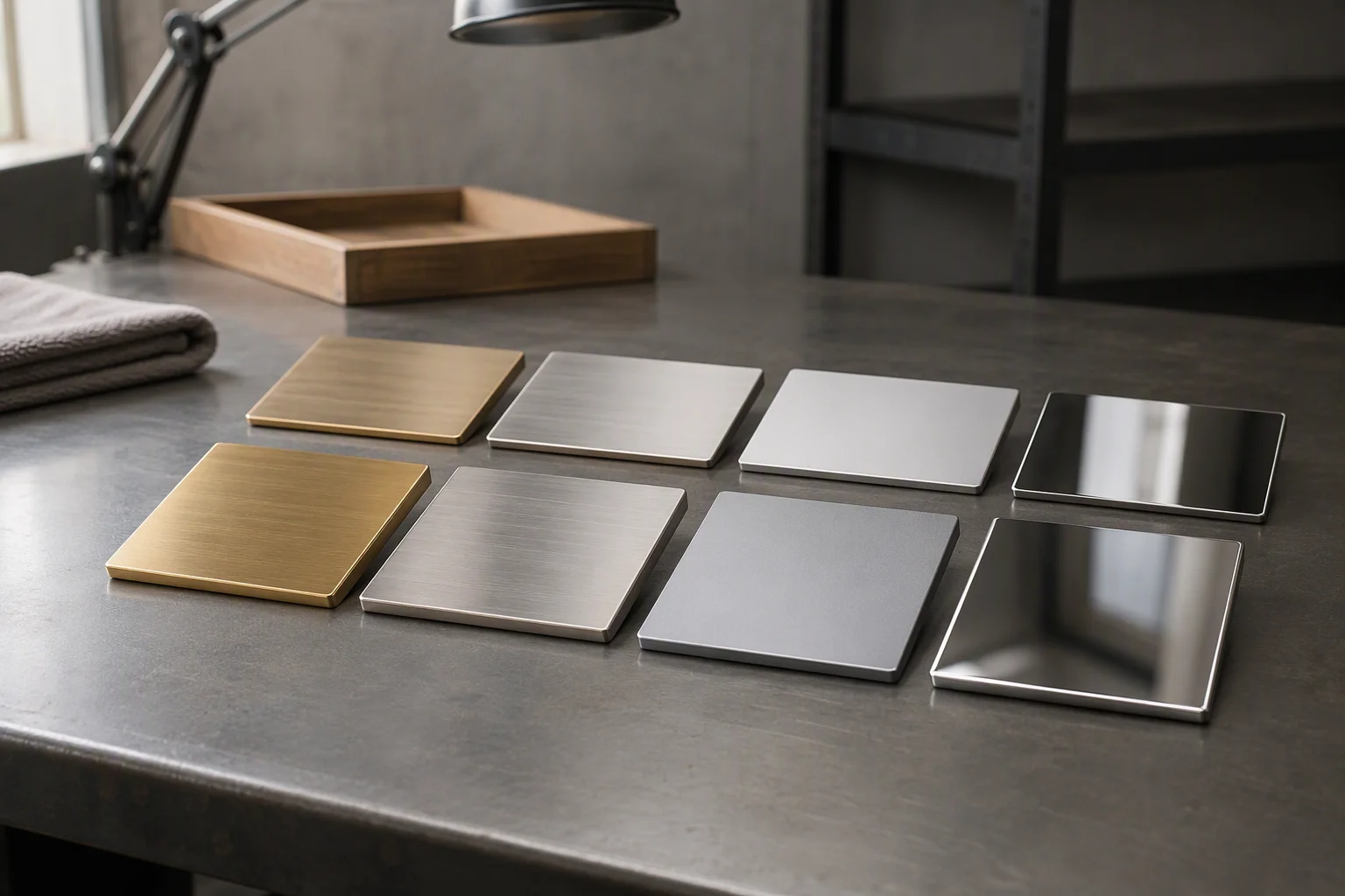 Brushed brass, satin steel, aluminium and polished chrome sample plates on a workshop bench