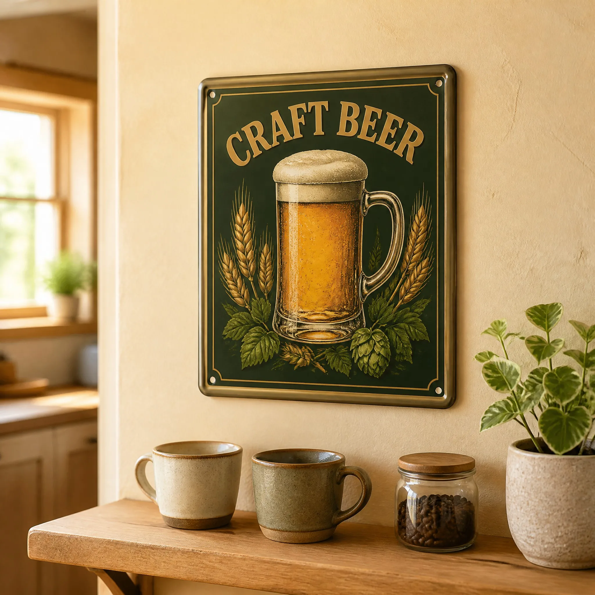 Rolled edge beer sign in a rustic farmhouse kitchen coffee corner - Lifestyle