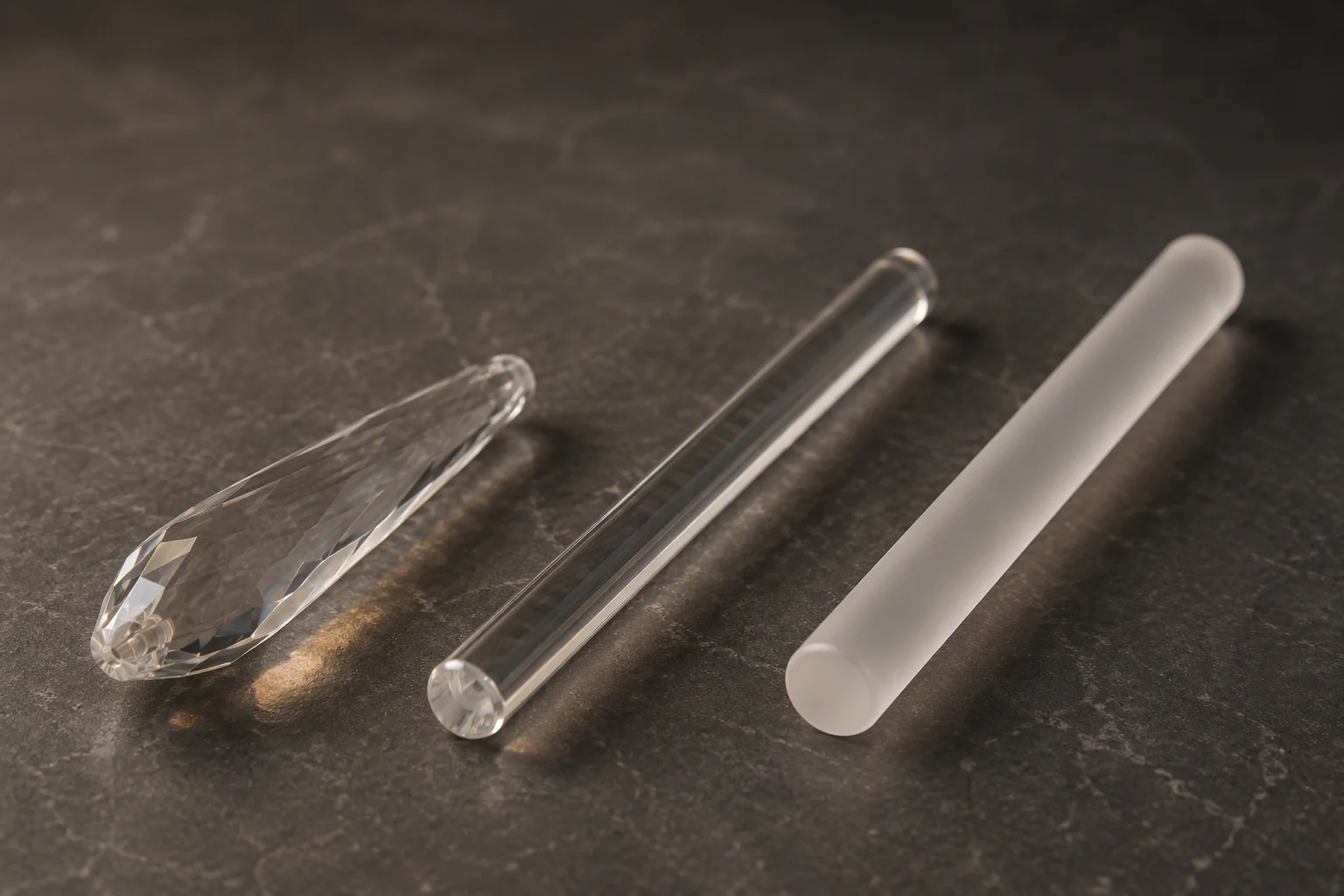 Three chandelier body material samples on dark stone: a faceted crystal teardrop, a clear glass rod and a frosted acrylic rod