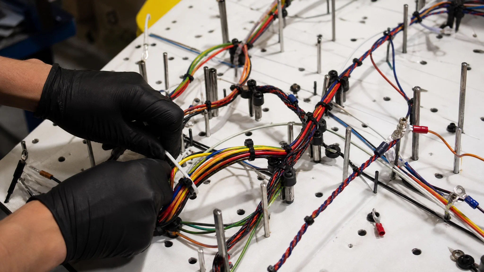 Wire harness being assembled on a pegboard jig with coloured wires and crimped terminals