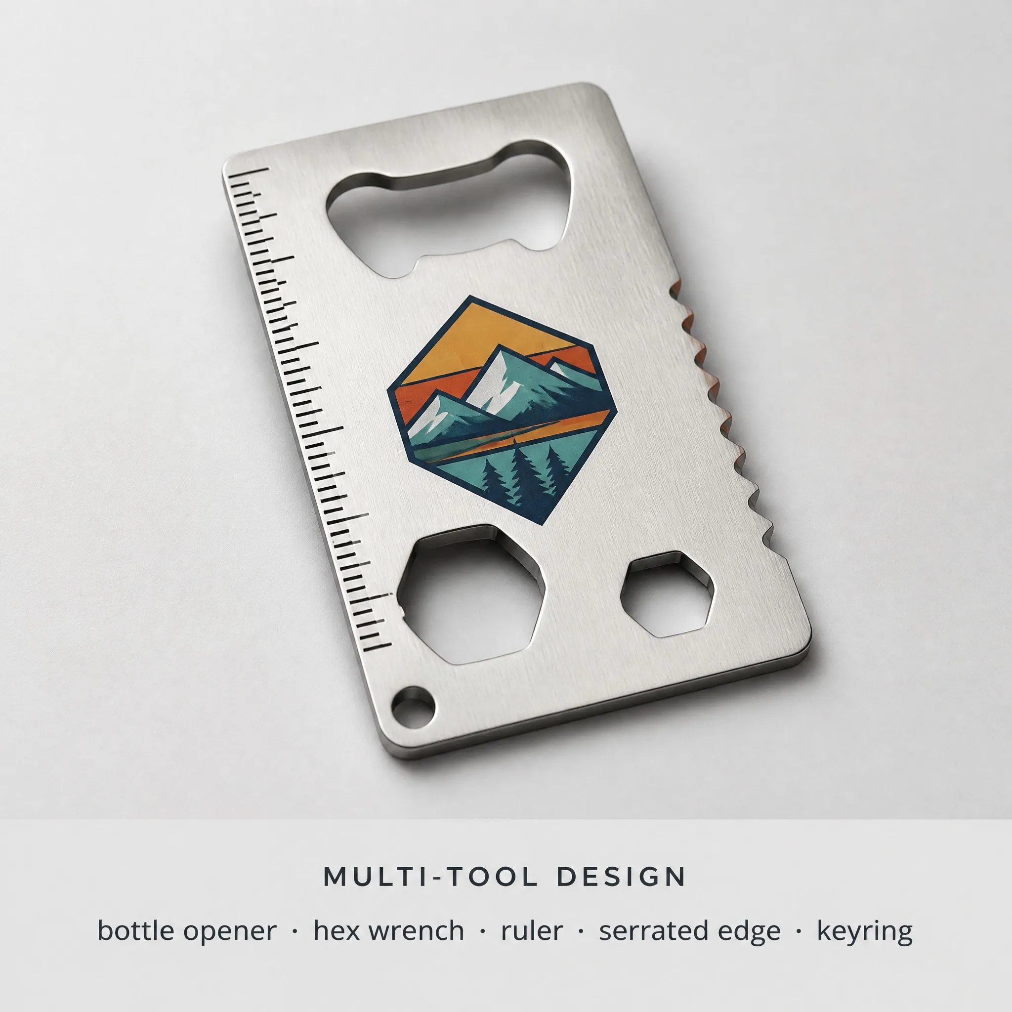 Multi-tool functions: bottle opener, hex wrench, ruler, serrated edge, keyring