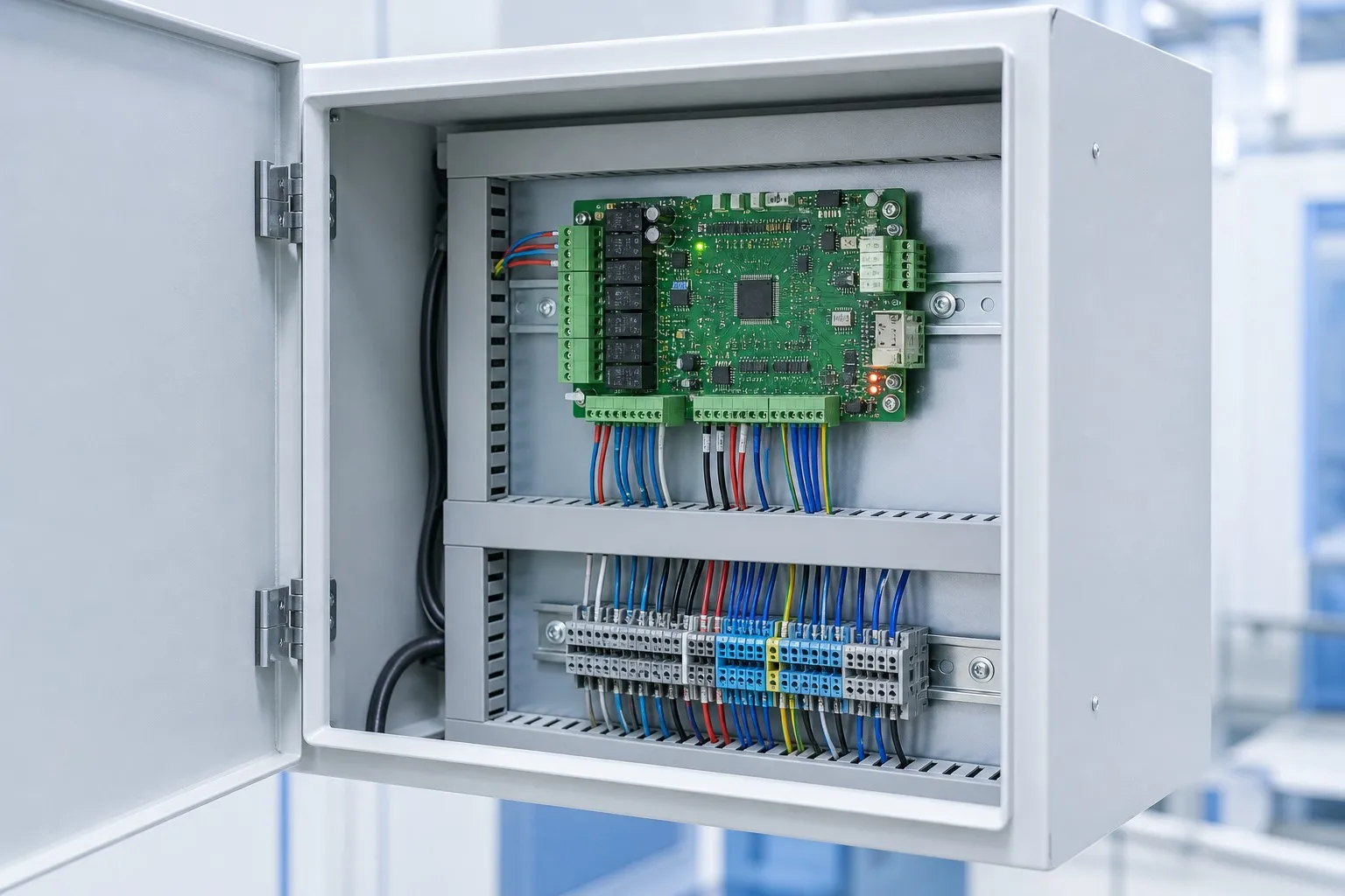 Industrial control and monitoring board mounted inside an electrical cabinet
