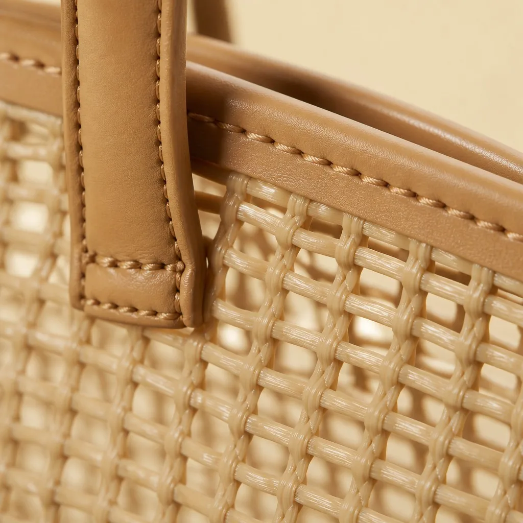 Macro of woven mesh lattice, PU trim saddle stitching and reinforced handle joint