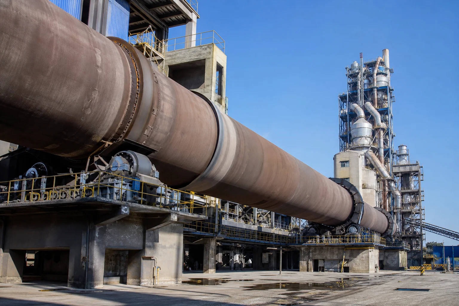 Industrial cement manufacturing plant operating with massive rotary kiln resting on cast tyres