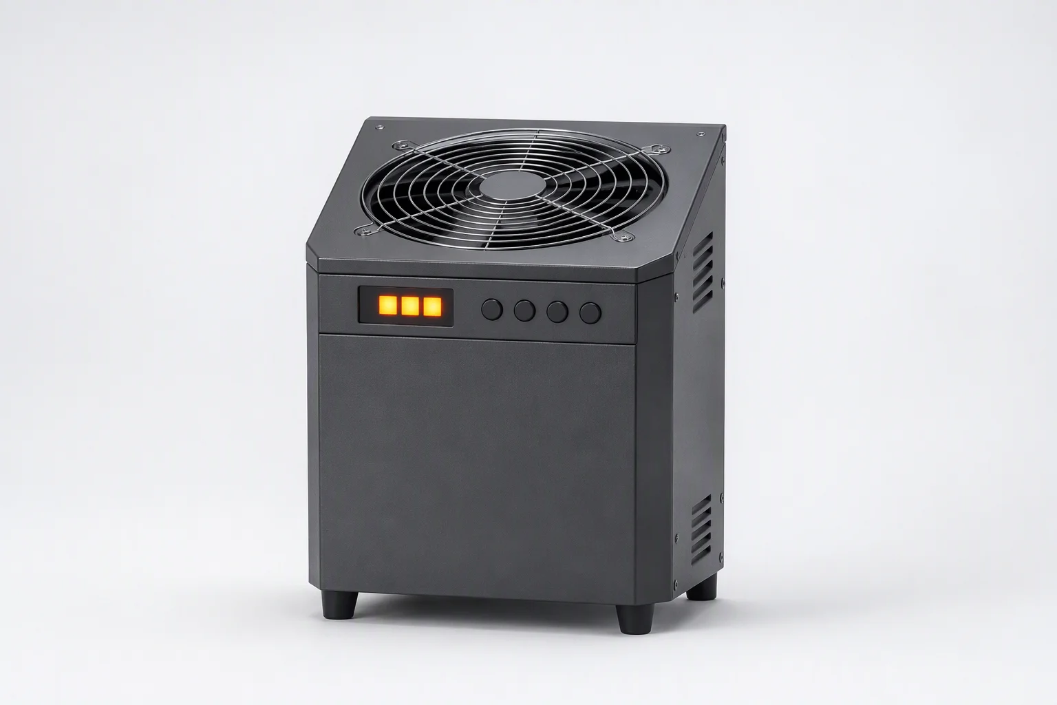 Boxy garage heater with top fan grille, 3-digit segment display and four-button control panel