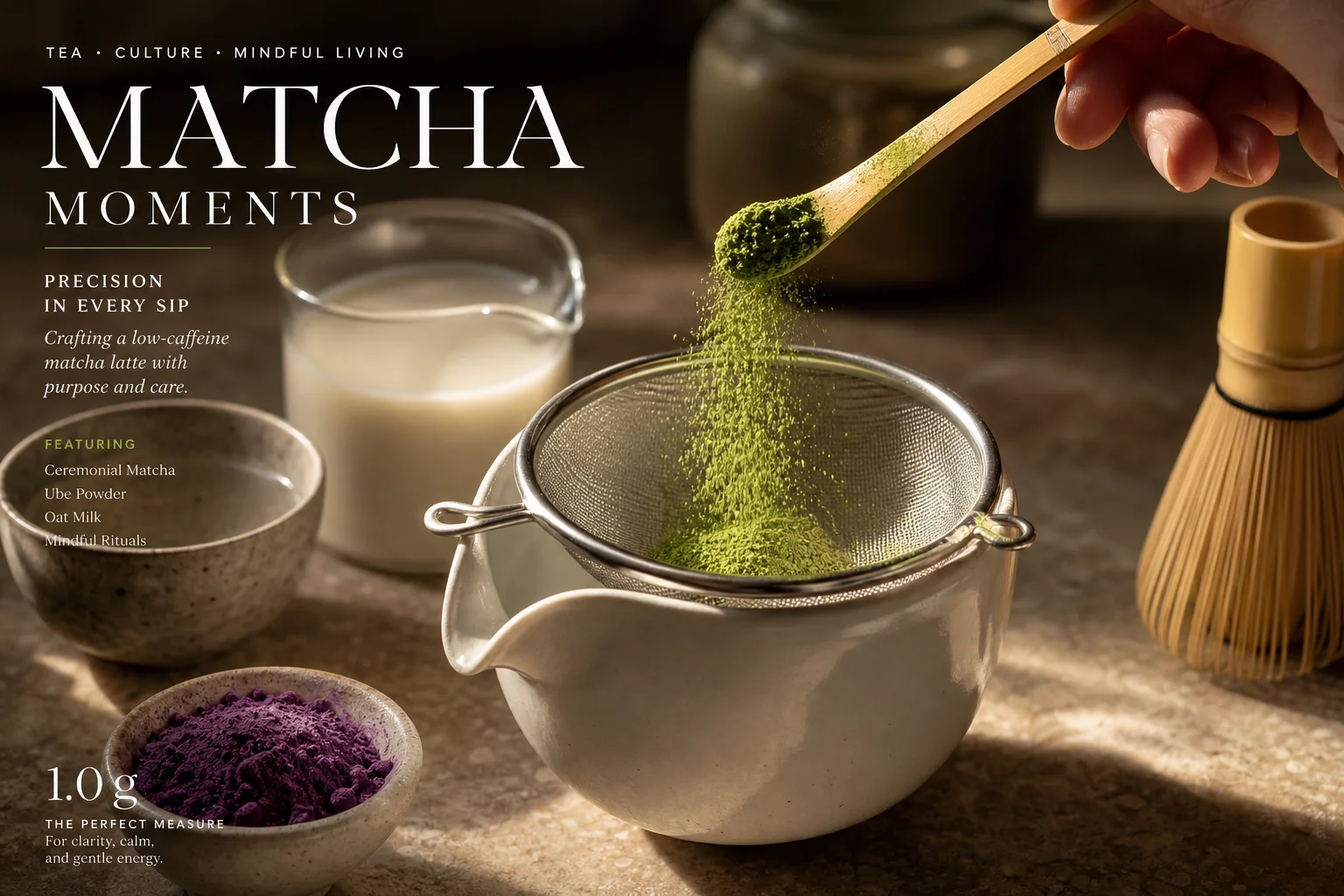 Sifting 1.0g of bright green ceremonial matcha powder into a ceramic chawan with a bamboo chashaku scoop