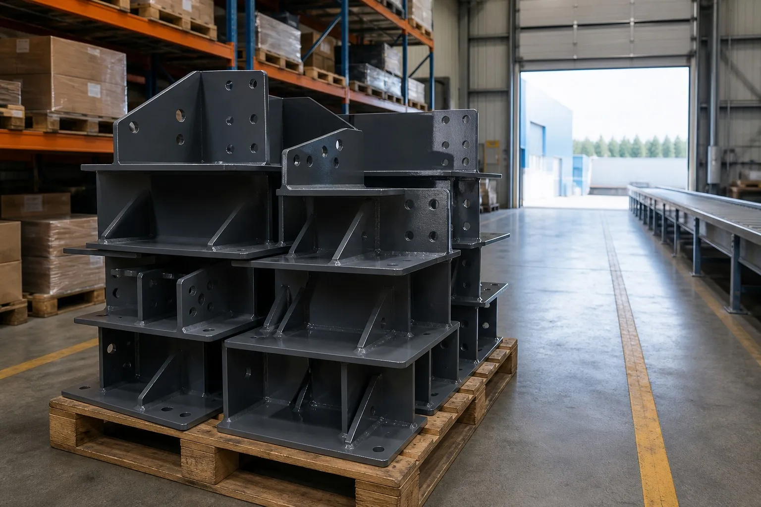 Finished heavy-duty steel mounting brackets staged for dispatch at the XCWY plant