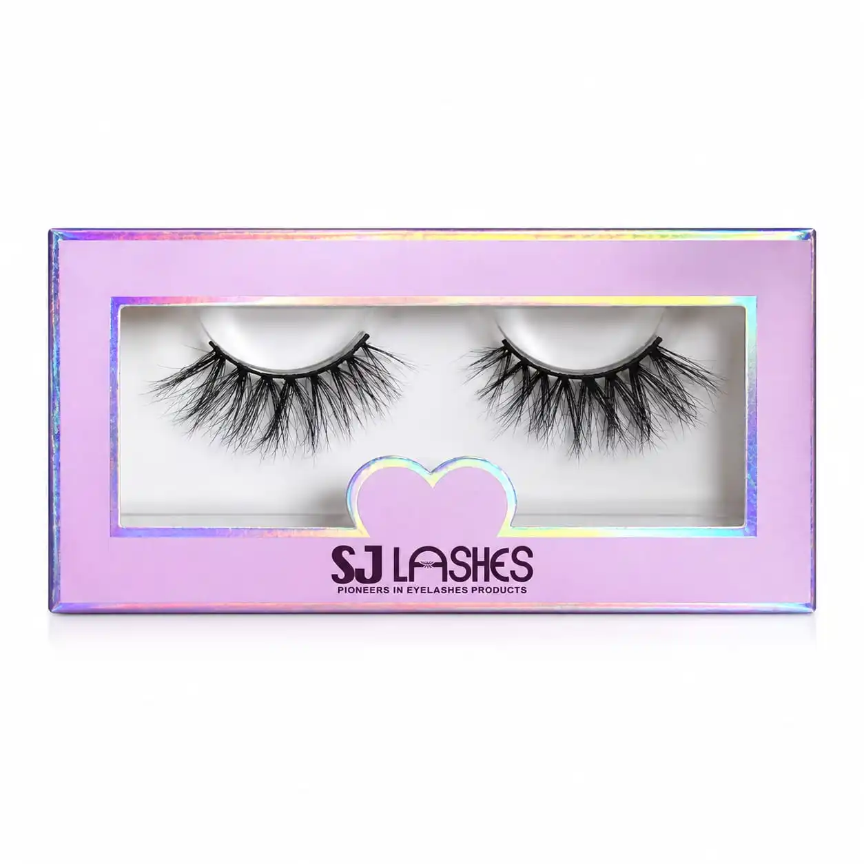Lilac single pair lash box with a laser silver foil frame around the window and a laser foil heart notch behind the logo - laser silver foil