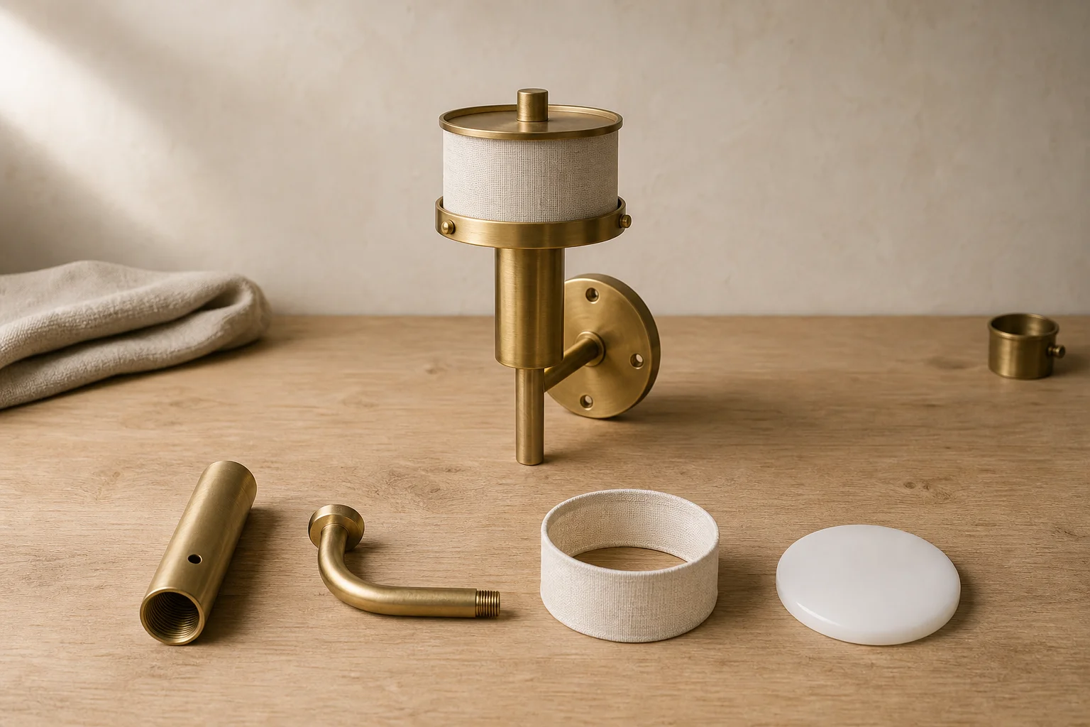 One brass wall lamp in mid-assembly with its brass tube, arm, shade ring and diffuser laid out on a workbench