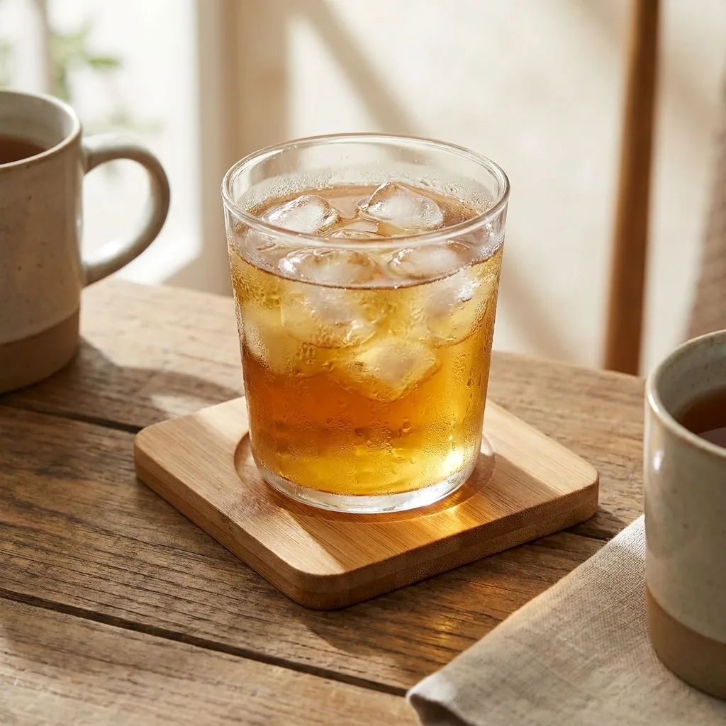 Minimalist bamboo drink coaster with iced beverage glass and condensation droplets on wooden table