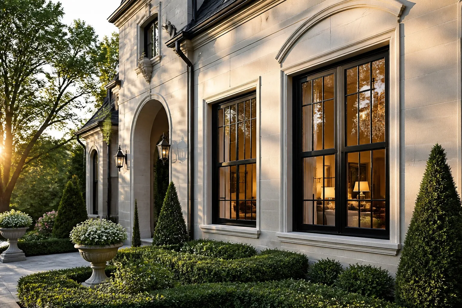 Classic luxury villa with black aluminum glass double hung windows traditional grid pattern