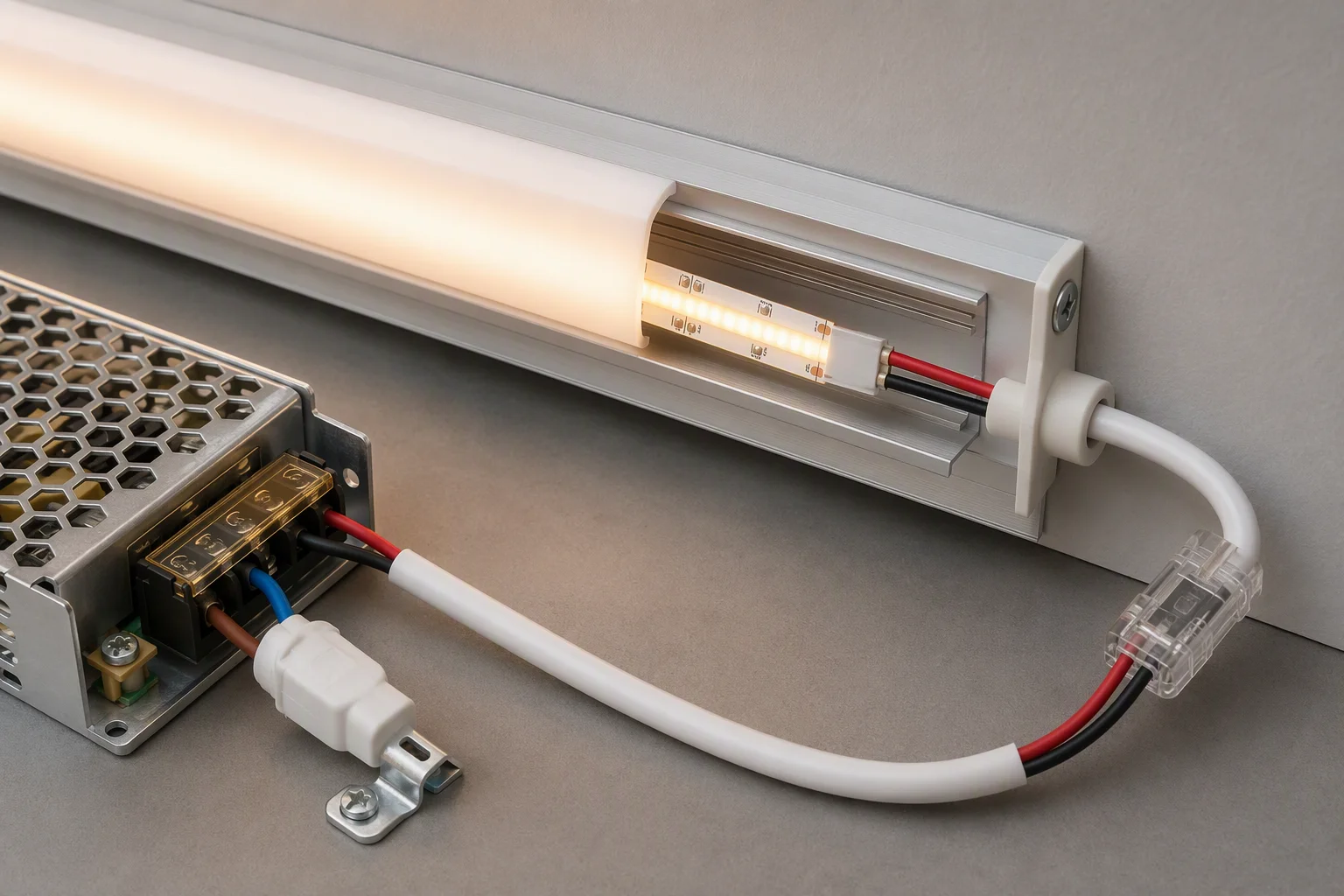 Cut-anywhere COB LED strip mounted in an aluminium profile with protected connection