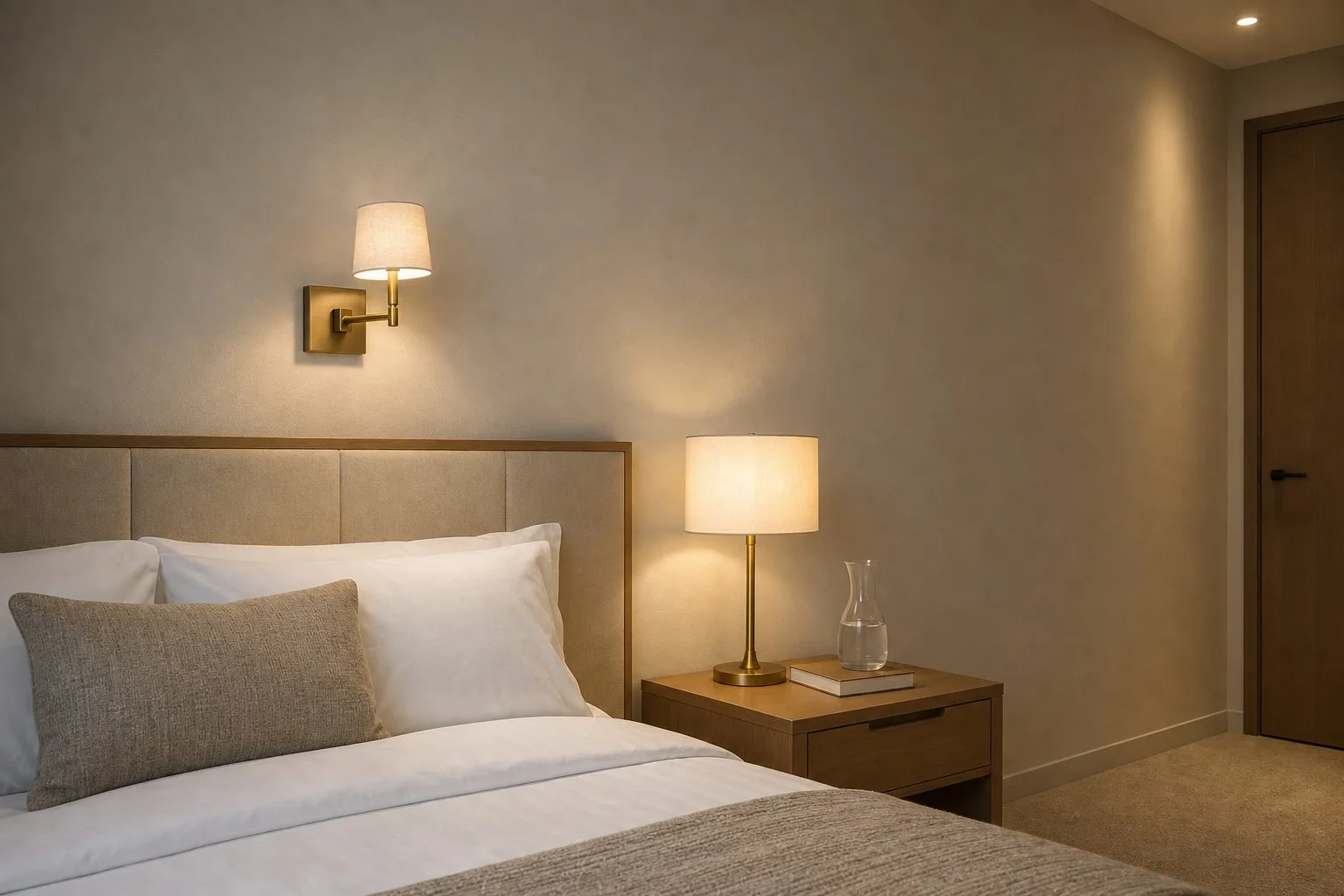 A hotel guest room lighting mock-up with a brass wall reading light and a matching bedside table lamp