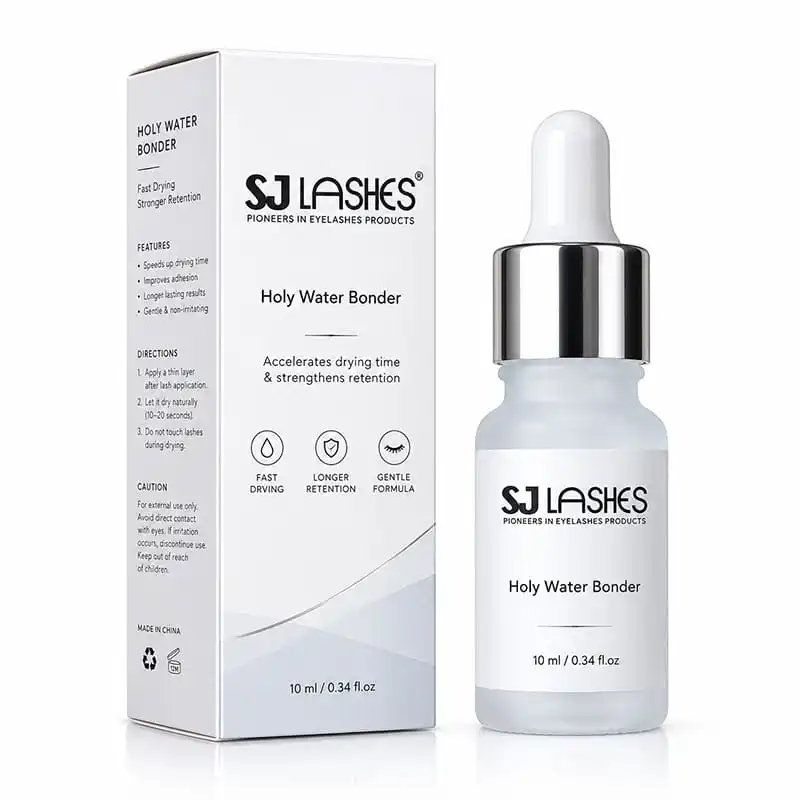 Holy Water Bonder frosted glass dropper bottle with silver metallic cap and matching white paper box printed with features, directions and icons - custom private label eyelash bonder packaging