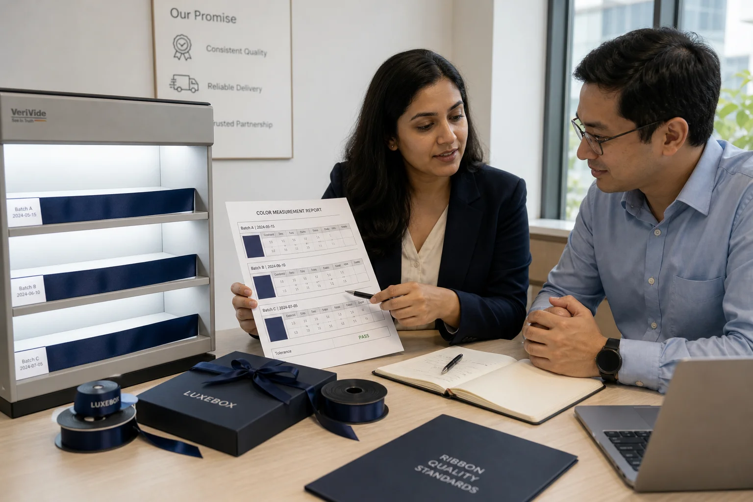 Corporate gifting manager reviewing ribbon colour samples against brand standard under daylight light box