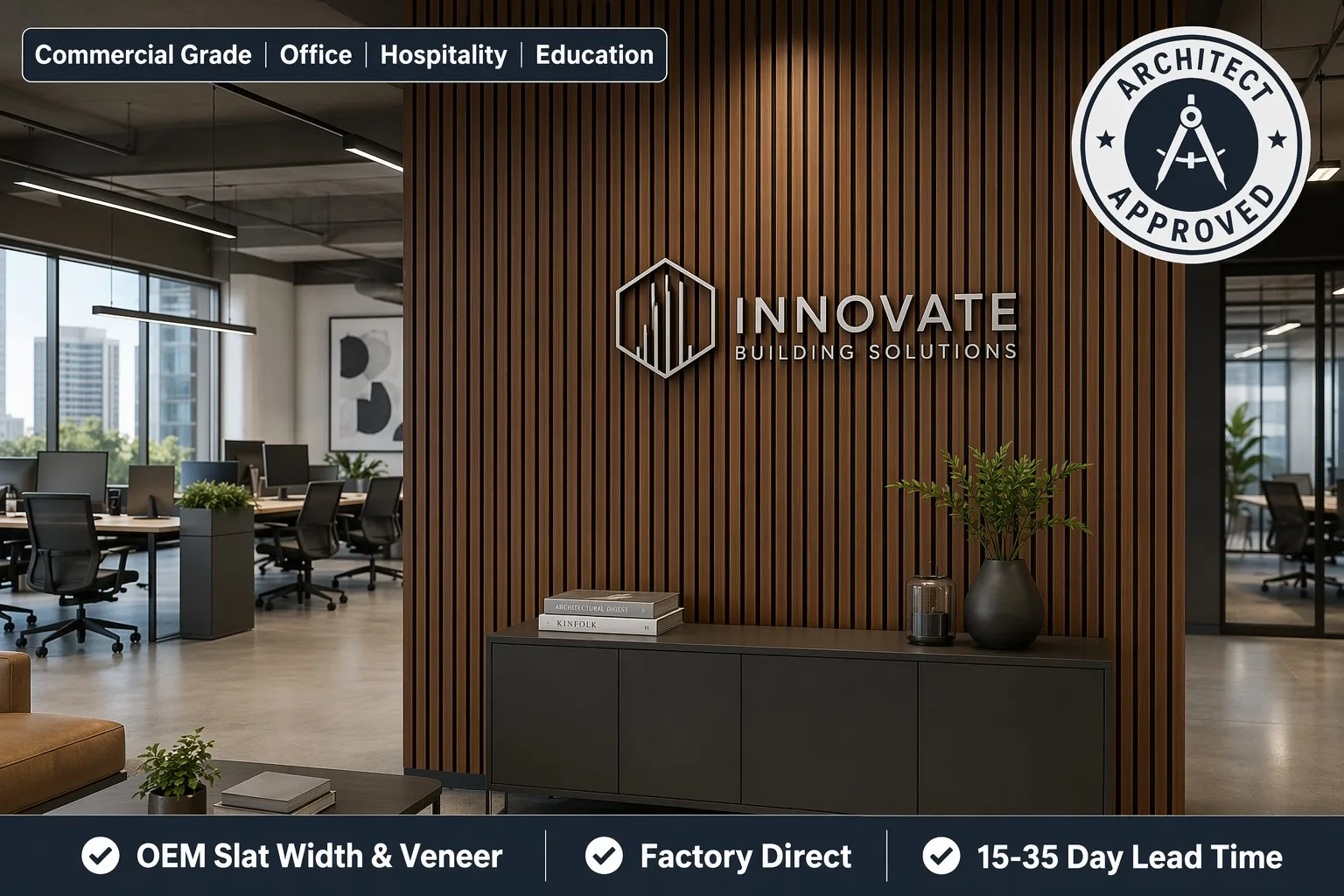 commercial office wood slat acoustic panel wall installation project
