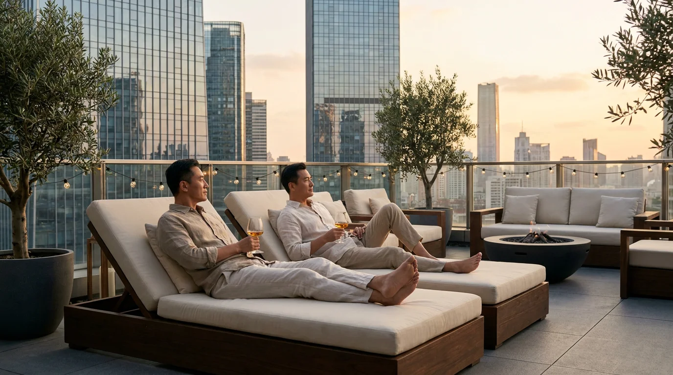 Chinese Couple on Terrace at Sunset