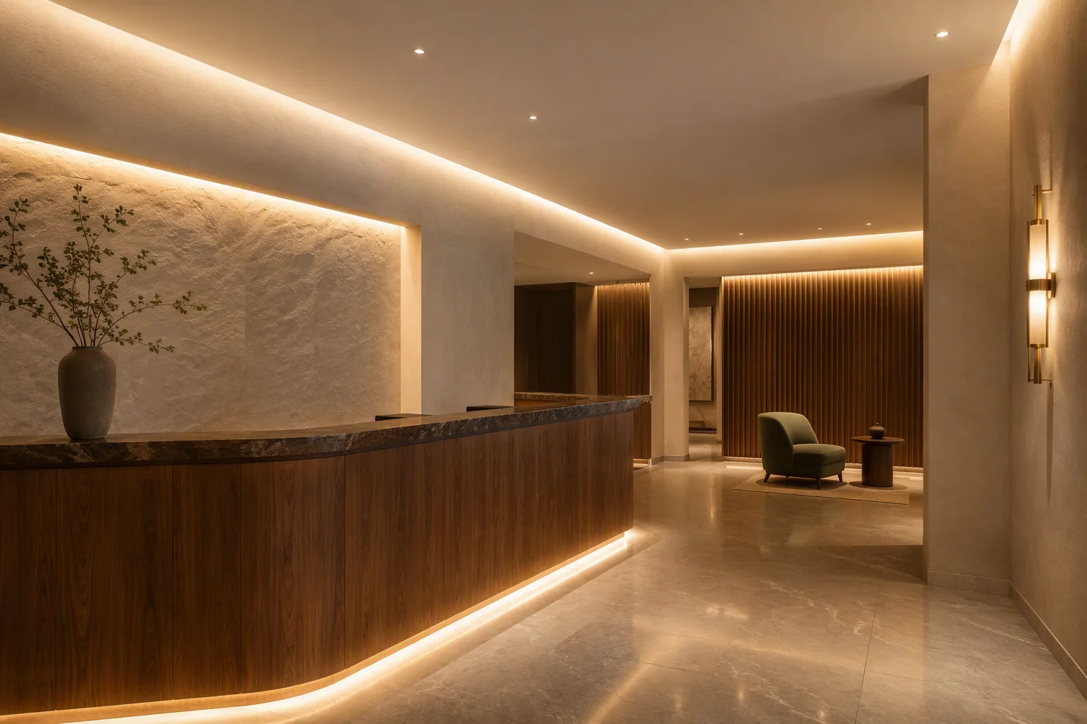COB LED strips integrated into a hotel reception desk and hospitality interior