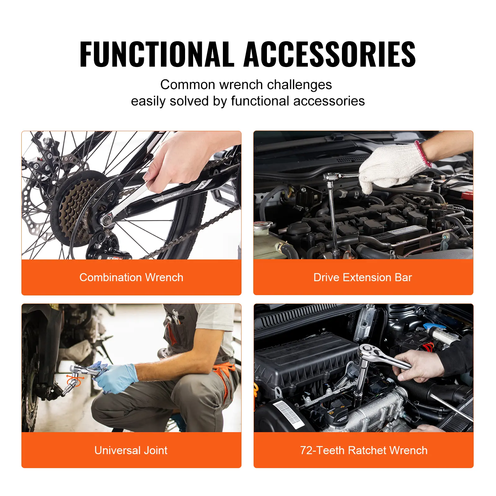 Challenging repairs solved by combination wrenches ratchets and extension bars