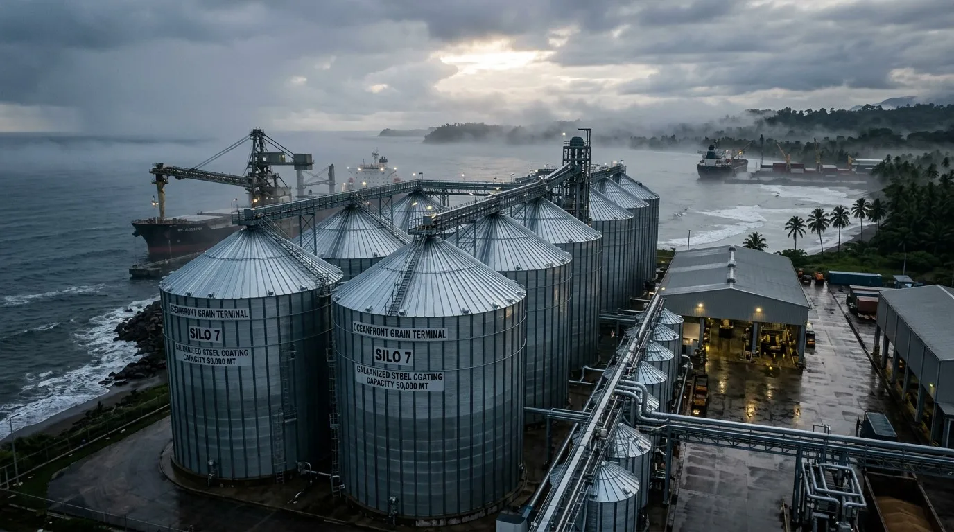 Rust-Resistant Steel Grain Silo in a High-Humidity Coastal Environment