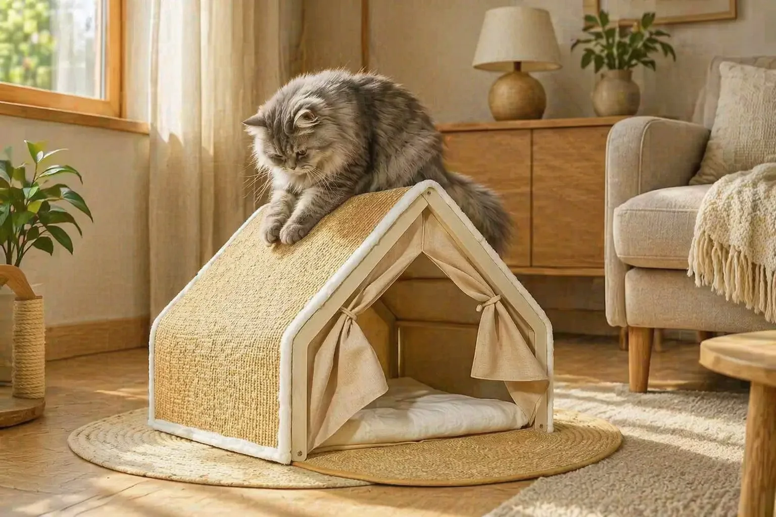 A fluffy grey cat scratching and resting on top of an A-frame sisal-roof cat tent in a warm, sunlit minimalist living room