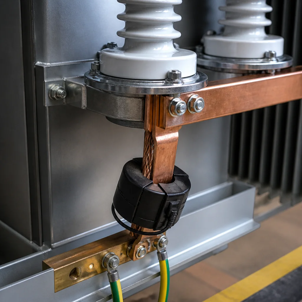 Transformer secondary neutral bushing with copper neutral conductor, ring current transformer and green-yellow grounding bar