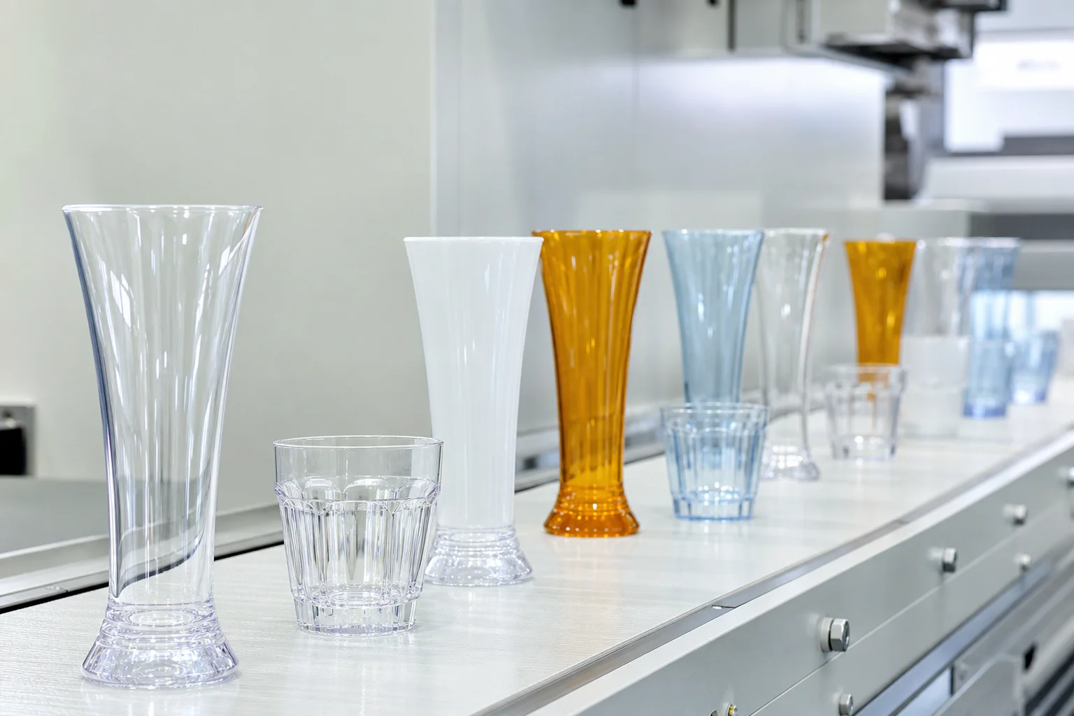 Crystal-clear PS plastic beer glasses and colored tumblers on a conveyor in the drinkware line