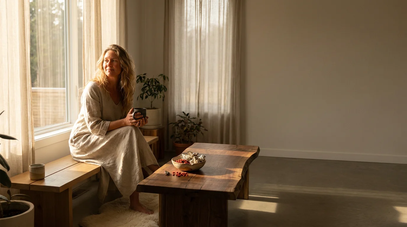 A radiant woman enjoying a cup of herbal tea, representing deep internal hydration and skin health