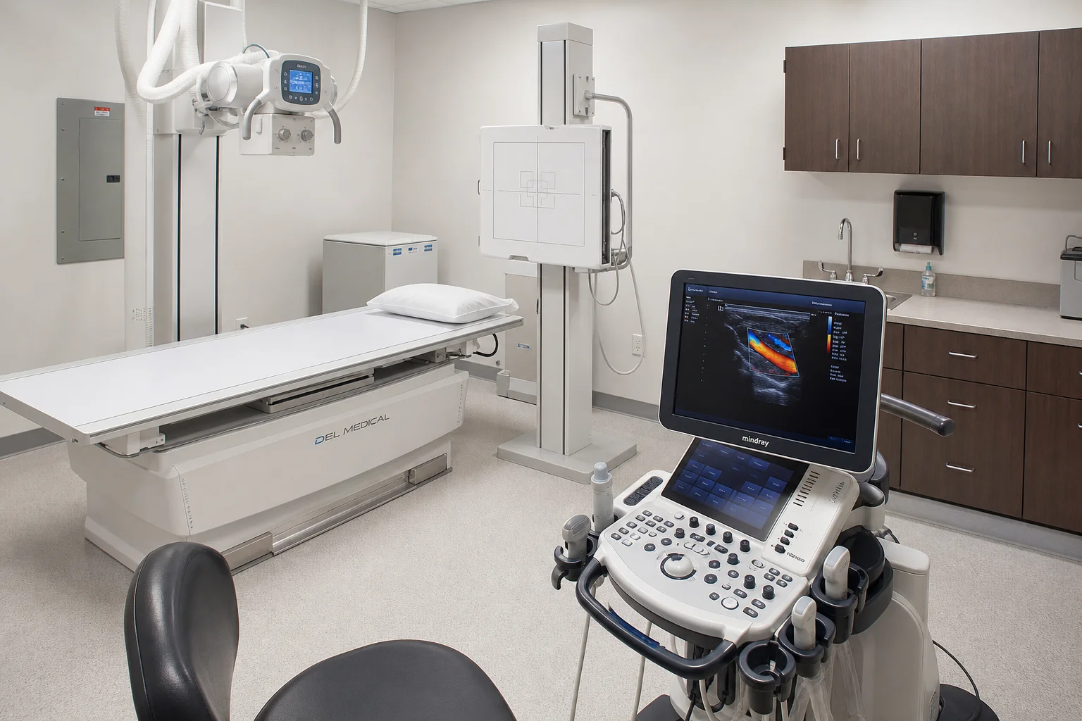 Modern hospital radiology department and medical diagnostic imaging equipment