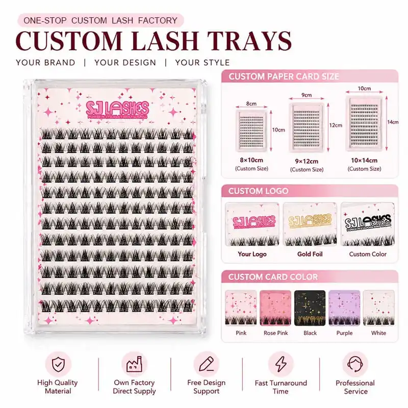Custom lash card options sheet showing three card sizes 8 by 10, 9 by 12 and 10 by 14 centimetres, logo options including flat print gold foil and custom colour, and card colour swatches in pink rose pink black purple and white - custom lash card size