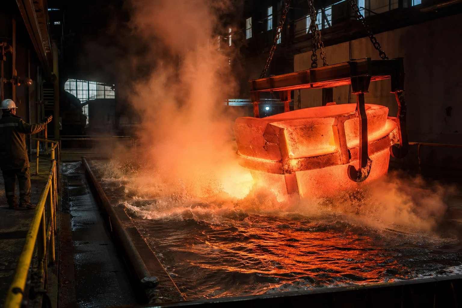 Water-toughening water quench of glowing red manganese steel casting with intense steam