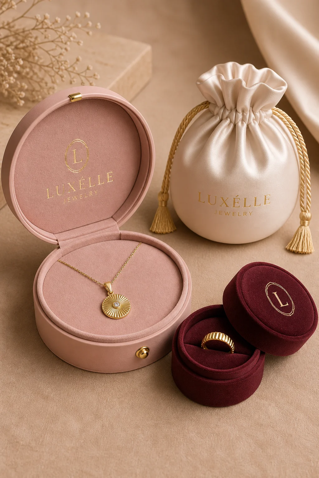 Blush pink rigid round jewelry box open with gold pendant, small burgundy round box with ring, and cream satin round-bottom pouch