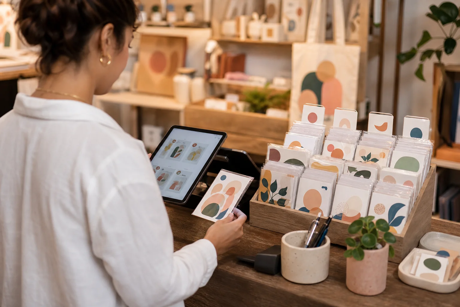 Store owner reviewing sticker pack prices on tablet at boutique checkout