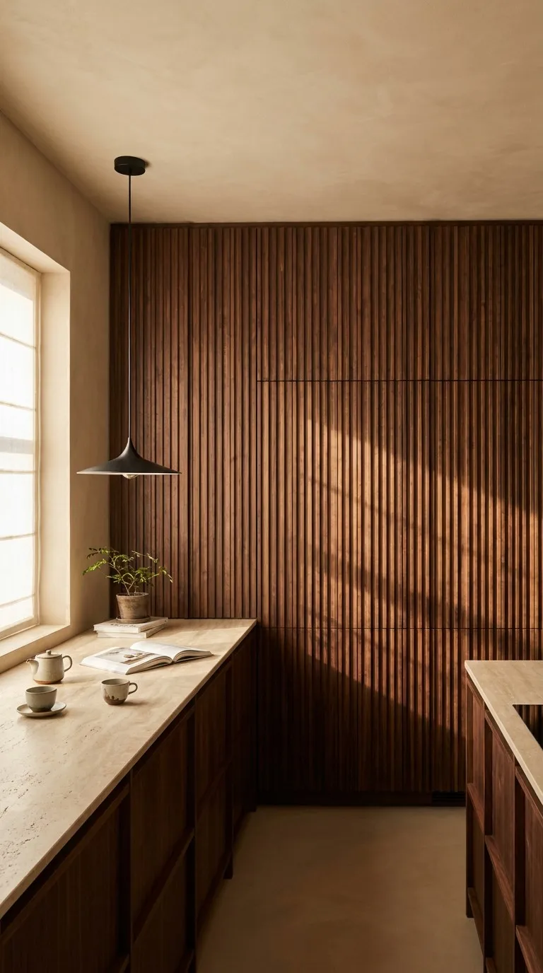 Fluted walnut wood cabinetry in a small modern Chinese kitchen