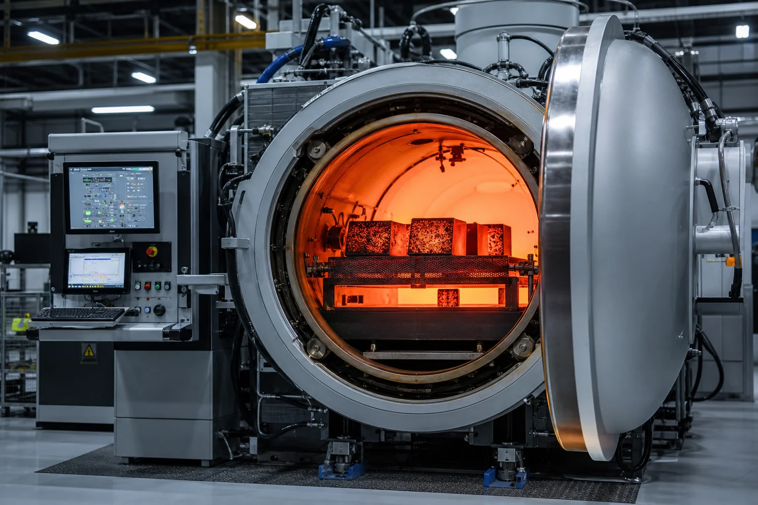 Computer-controlled vacuum heat treatment furnace chamber with glowing red cast H13 die blocks