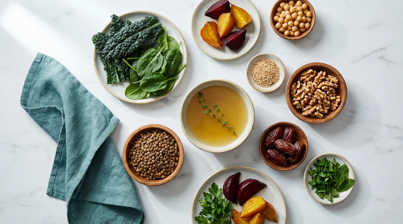 Colorful plant-based foods flat lay on white marble - lentils, greens, beets, sesame, walnuts